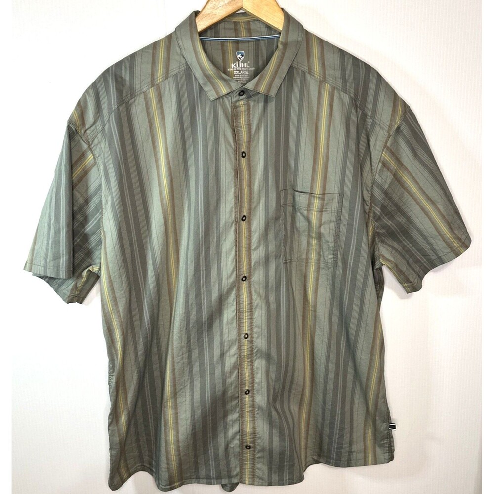 KUHL shirt Men's 2XL green Short Sleeve Stripe snap Button up lightweight collar